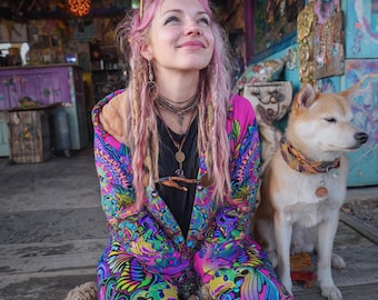 Radiant Bloom Hooded Robe – Fleece Lined Coat - Psychedelic Hippie Apparel Festival Jacket, Trippy Burning Man Clothing Rave Attire