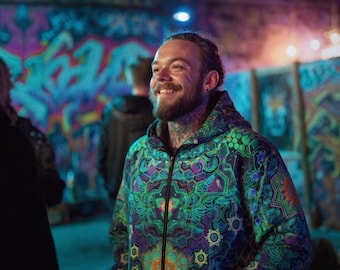 Emerald StarGate Pathfinder Jacket - Anorak - 100% Cotton Windbreaker, Sacred Geometry Festival Clothing, Shamanic Plus Size Hippie Clothes