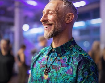 Emerald StarGate InnerLight Mens Button Up Shirt in 100% Cotton - Sacred Geometry Mandala Festival Clothing Men, Hippie Attire for Men