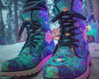 Emerald StarGate Driftwalker Womens Winter Boots Green Psychedelic Mandala Hippie Boots Plus Size Festival Clothing Rave Wear Festival Boots