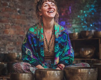 Emerald StarGate Green Ritual Shawl Wrap - Plus Size Hippie Gear, Psychedelic Visionary Art Rave Pashmina, Sacred Geometry Psy Clothing