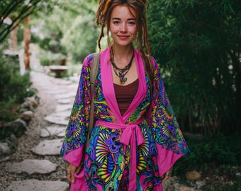 Radiant Bloom Satin Flow Kimono Robe - Trippy Neon Rave Kimono, Psychedelic Third Eye Hippie Apparel, Alchemy Rave Festival Kimono