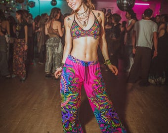 Radiant Bloom FlowState Wide Leg Pants - Psychedelic Trippy Festival Pants, Meditation Yoga Clothing Harem Pants, EDM Rave Baggy Pants