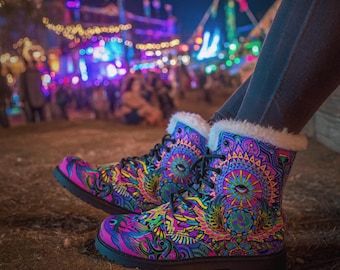 Radiant Bloom Unisex Faux Fur Dawnwalker Boots - Trippy Fuzzy Rave Boots, Goa Burning Man Festival Boots, Fluffy Rave Boots Vegan Leather