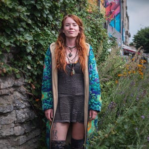 May include: A woman wearing a long, patterned coat with a blue, green, and teal design. She is also wearing a gray crocheted dress and multiple necklaces. The background includes a stone wall and lush greenery.