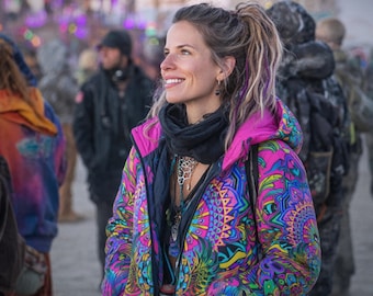 Radiant Bloom Nomad Coat - Long Puffer Jacket - Trippy Plus Size Festival Outfit, Hippie Coat EDM Psychedelic Clothing Rave Jacket