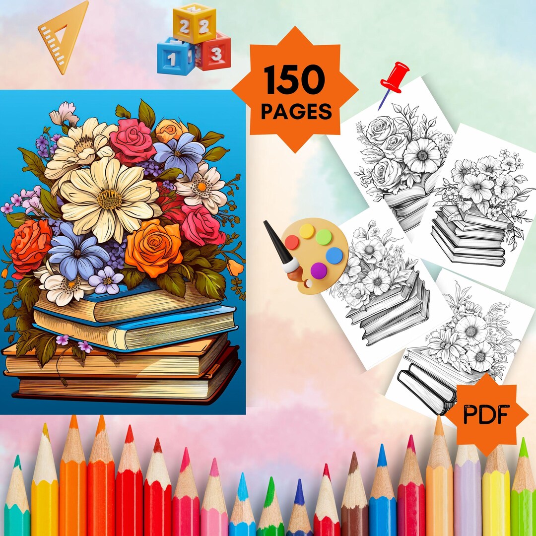 Book Stack Colouring In Floral Book Stack Coloring Book for Adults (PDF Download) - Etsy
