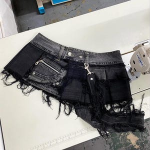 Distressed Black Denim Pleated Mini Skirt | Y2K Patchwork Punk Cargo Skirt | Alt Fashion Mini Skirt with Chain Charms