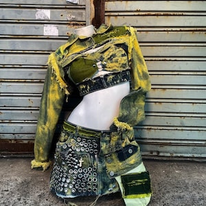 Acid Punk Deconstructed Set | Ultra Cropped Acid Yellow Patchwork Denim 3-delat set