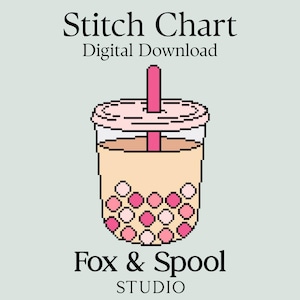 May include: Digital download stitch chart featuring a pixelated illustration of a bubble tea drink with pink and peach tones. The text reads "Stitch Chart Digital Download" and "Fox & Spool STUDIO".