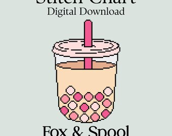 May include: Digital download stitch chart featuring a pixelated illustration of a bubble tea drink with pink and peach tones. The text reads "Stitch Chart Digital Download" and "Fox & Spool STUDIO".