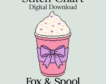 Valentines Frappe Cross Stitch Pattern PDF, Cute Pink Drink Stitch Chart, Pixel Heart Cup Needlepoint Pattern, Instant Download, Pink Drink