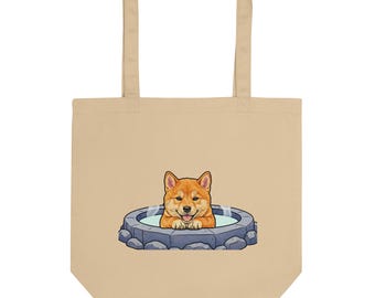 Japanese Onsen Dog Tote Bag – Cute Shiba-Inspired Hot Spring Illustration, Minimal Natural Canvas Tote, Japan Travel Gift: Eco Tote Bag