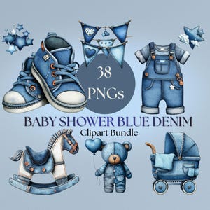 Baby Shower Blue Denim Clipart Bundle: Boy Birth & Jean Nursery Graphics (Digital Download - 38 PNG)