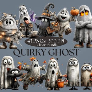 May include: A digital collection of 43 PNG files featuring cartoon ghosts in various poses, including one wrapped in fairy lights, one wearing a witch hat, one holding a pumpkin, and one with a black cat, labeled 43 PNGs 300 DPI Clipart Bundle.