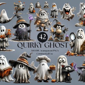 May include: A collection of 42 digital illustrations featuring white and dark gray ghosts in various poses, including ghosts wearing witch hats, holding books, flowers, or magnifying glasses, with the text 42 QUIRKY GHOST 300 DPI transparent PNG's Commerical Use.