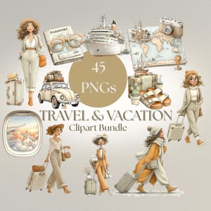 May include: A digital clipart bundle with a travel and vacation theme. The image features illustrations of a cruise ship, vintage car, passport, suitcase, camera, map, and people with luggage. The text "TRAVEL & VACATION Clipart Bundle" is also included.