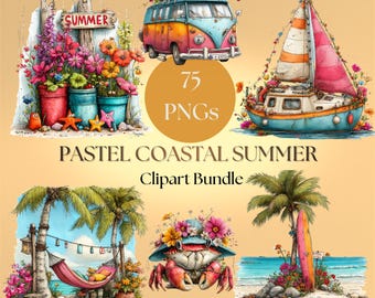 Pastel Coastal Summer Clipart Bundle: Beach Vacation PNG & Tropical Ocean Graphics (Digital Download - 75 PNGs)