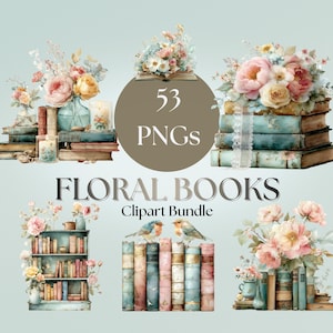 Peut inclure: Ensemble de cliparts aquarelle avec des compositions florales sur des livres anciens. L'image comprend des bouquets de fleurs roses, jaunes et bleues, avec le texte "53 PNGs" et "FLORAL BOOKS Clipart Bundle".