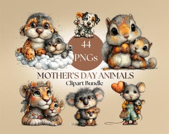 Mother's Day Animal Clipart Bundle: Mom Baby & Animal Graphics (Digital Download - 44 PNGs)