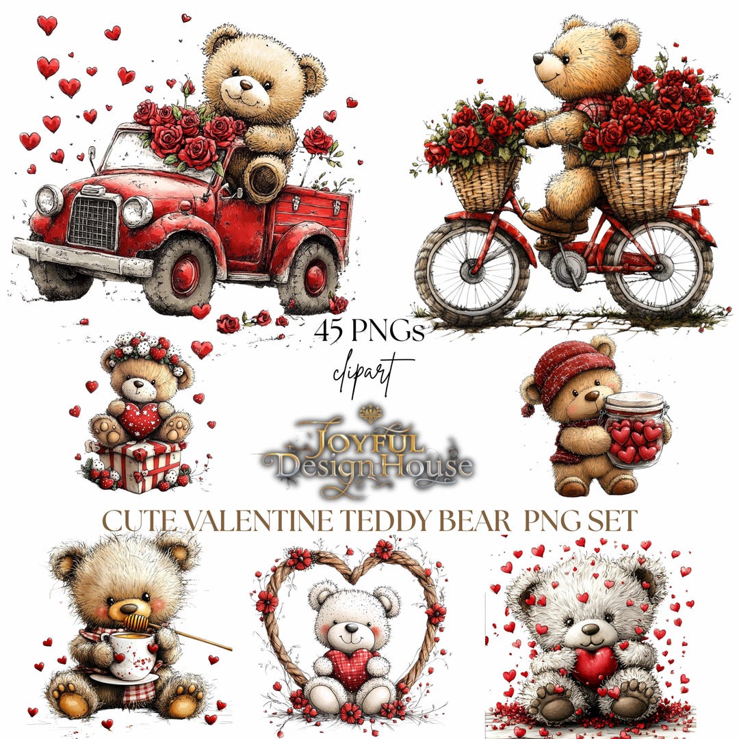 Valentine Teddy Bear Clipart PNG Bundle, Cute Love Bear PNG, Romantic ...