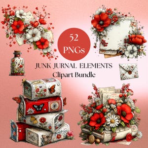 Könnte beinhalten: Ein digitales Clipart-Bundle mit Illustrationen im Vintage-Stil. Das Bild zeigt Blumenarrangements mit roten Mohnblumen und weißen Blumen, dekorative Briefkästen und den Text "Junk Journal Elements Clipart Bundle" mit "52 PNGs" in einem roten Kreis.