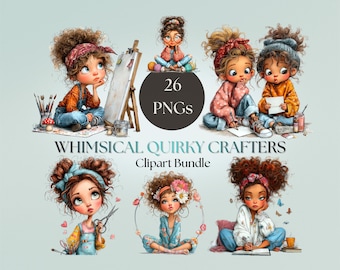Bundle PNG fantaisiste, artiste aquarelle filles Clipart, personnages de loisirs créatifs, téléchargement numérique