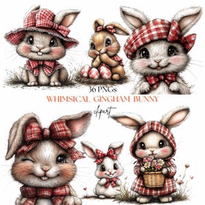 May include: A collection of whimsical bunny illustrations. Each bunny is depicted with a charming gingham pattern in red and white, adorning hats, bows, and outfits. The image includes the text "WHIMSICAL GINGHAM BUNNY clipart".