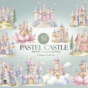 Op de afbeelding: Een verzameling aquarelillustraties met diverse pastelkleurige kastelen met torens, kantelen en boogvormige deuropeningen. Sommige kastelen staan op grasheuvels met bomen, andere op wolken of lotusbloemen. De tekst luidt 57 PASTEL CASTLE.