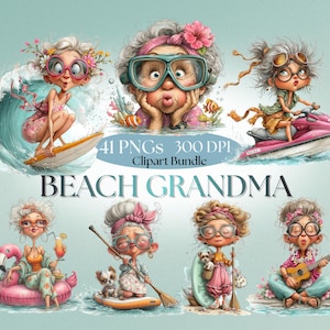Op de afbeelding: Een digitaal clipart-pakket met zeven illustraties van een ouder persoon met grijs haar tijdens diverse strandactiviteiten, waaronder surfen, jetskiën en ukelele spelen. De tekst luidt 41 PNGs 300 DPI Clipart Bundle BEACH GRANDMA.