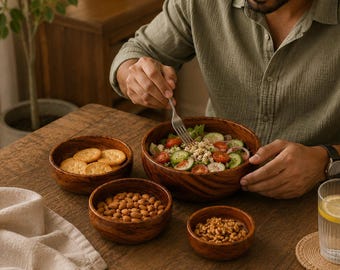 Premium Wooden Bowl Set of 4 | Handcrafted Natural Wood Serving Bowls | Eco-Friendly Kitchen - Dining Bowls | Durable & Washable