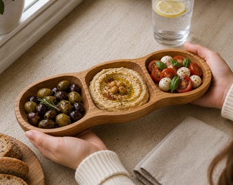 Wooden Divided Serving Tray, 3 Section Snack Tray, Charcuterie Serving Board, Wooden Appetizer Dish, Olive Hummus Dip Platter