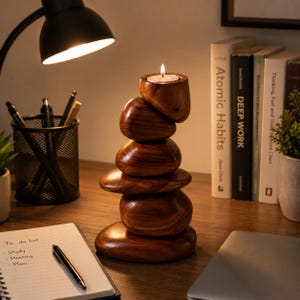May include: A stack of five smooth, dark brown wooden stones arranged vertically to form a candle holder. The top stone features a circular indentation holding a small, lit white tea light candle, creating a warm glow on the polished wood surface.