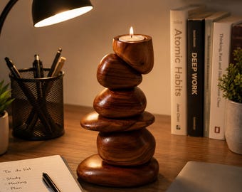 Handgjord trästapelstensljusstake, rustikt värmeljusställ, zendekor, modern minimalistisk heminredning, present