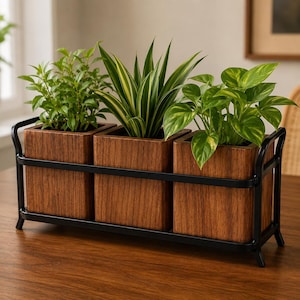 Wooden Triple Planter Box with Metal Stand | Indoor Herb Garden Planter | Modern Balcony Planter | Desktop Plant Holder | Housewarming Gift