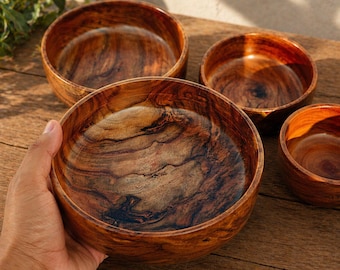 Premium Wooden Bowl Set of 4 | Handcrafted Natural Wood Serving Bowls | Eco-Friendly Kitchen - Dining Bowls | Durable & Washable