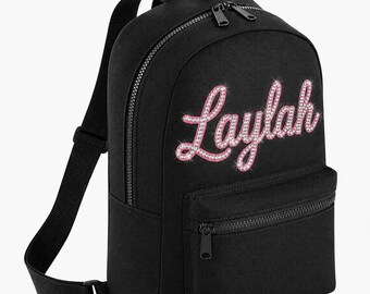Personalised Rhinestone Kids School Bag / Pram Bag (Black bag with rhinestones and pink vinyl underlay)