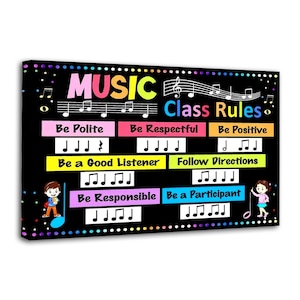 May include: A black canvas print with colorful text that reads "MUSIC Class Rules." The rules are listed in boxes with musical notes. Cartoon figures of children are on the left and right sides of the print.
