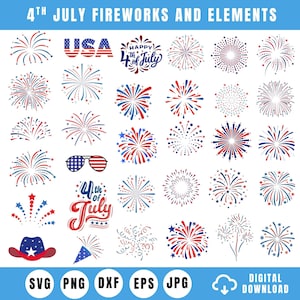 May include: A collection of red, white, and blue fireworks and patriotic elements for the 4th of July. Includes text that says "4th of July Fireworks and Elements", "USA", and "Happy 4th of July". Also includes a cowboy hat, sunglasses, and digital download icons.