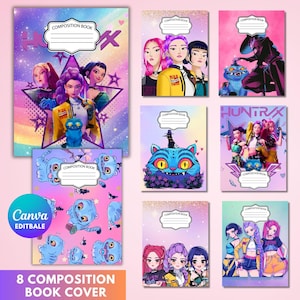 May include: Eight composition book covers featuring anime-style characters and blue cat creatures against colorful, gradient backgrounds with stars and hearts. Each cover includes a white label with the text COMPOSITION BOOK and lines.