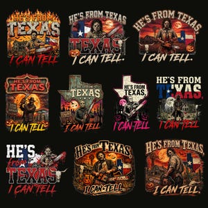 May include: A collection of eleven graphic designs featuring horror-themed illustrations of a character with a chainsaw, the Texas state flag, and the text "HE'S FROM TEXAS I CAN TELL." The designs incorporate elements like pumpkins, skulls, and rural landscapes.