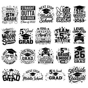 Può includere: Una collezione di grafiche in bianco e nero che celebrano la laurea della 5a elementare. I disegni includono cappelli di laurea, testo come "5th Grade Grad" e frasi come "Next Stop Middle School."