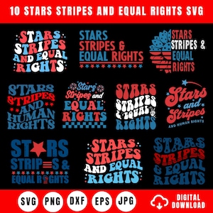 以下が含まれることがあります： 赤、白、青で「Stars, Stripes, and Equal Rights」のテキストが入った複数のデザインが特徴のデジタルダウンロードグラフィック。デザインは愛国的なテーマで、さまざまなプロジェクトに適しています。