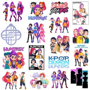 May include: A collection of colorful cartoon graphics featuring stylized characters, logos, and text. The designs include the text "HUNTRIX", "K-POP DEMON HUNTERS", and "Suit Boys". The characters have vibrant hair and outfits.