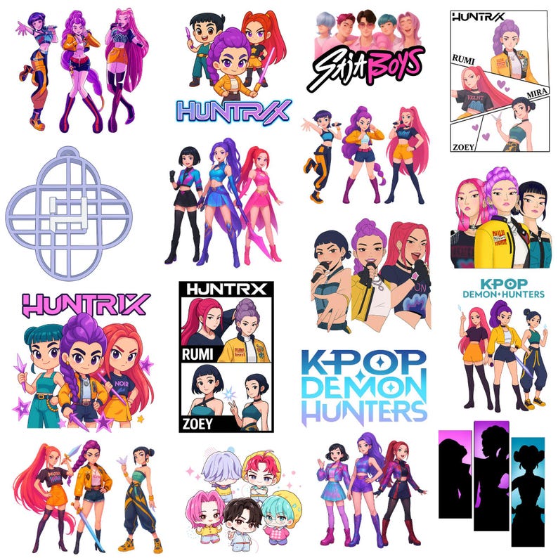 May include: A collection of colorful cartoon graphics featuring stylized characters, logos, and text. The designs include the text "HUNTRIX", "K-POP DEMON HUNTERS", and "Suit Boys". The characters have vibrant hair and outfits.