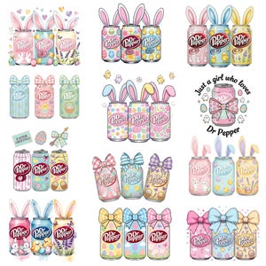 May include: A collection of Dr. Pepper soda cans with Easter-themed designs. The cans feature bunny ears, bows, and pastel colors. Some cans have Easter eggs, chicks, and floral patterns. The text "Just a girl who loves Dr Pepper" is also present.