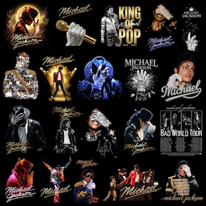 Peut inclure: Une collection d'images mettant en vedette Michael Jackson. Les images comprennent des portraits, des photos de spectacles et des graphiques avec le nom du chanteur. Certaines images montrent les mots "King of Pop" et "Bad World Tour". La palette de couleurs est principalement noire, dorée et blanche.