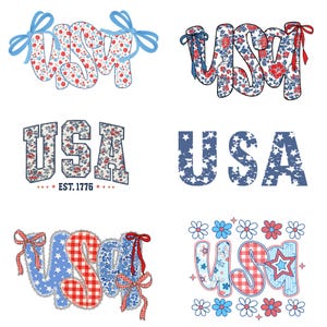 Könnte beinhalten: Verschiedene "USA" Designs in Rot, Weiß und Blau. Die Designs beinhalten Blumenmuster, Sterne und Vichy-Karo. Einige Designs haben Schleifen und den Text "EST. 1776".