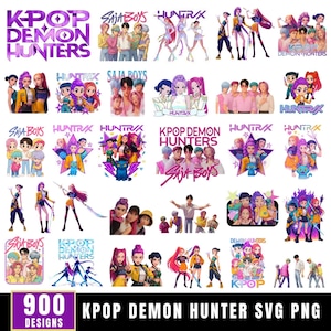 May include: A collection of digital designs featuring K-Pop-themed illustrations. The designs include various characters and the text "KPOP DEMON HUNTERS", "SAJA BOYS", and "HUNTRX". The image also includes the text "900 DESIGNS".