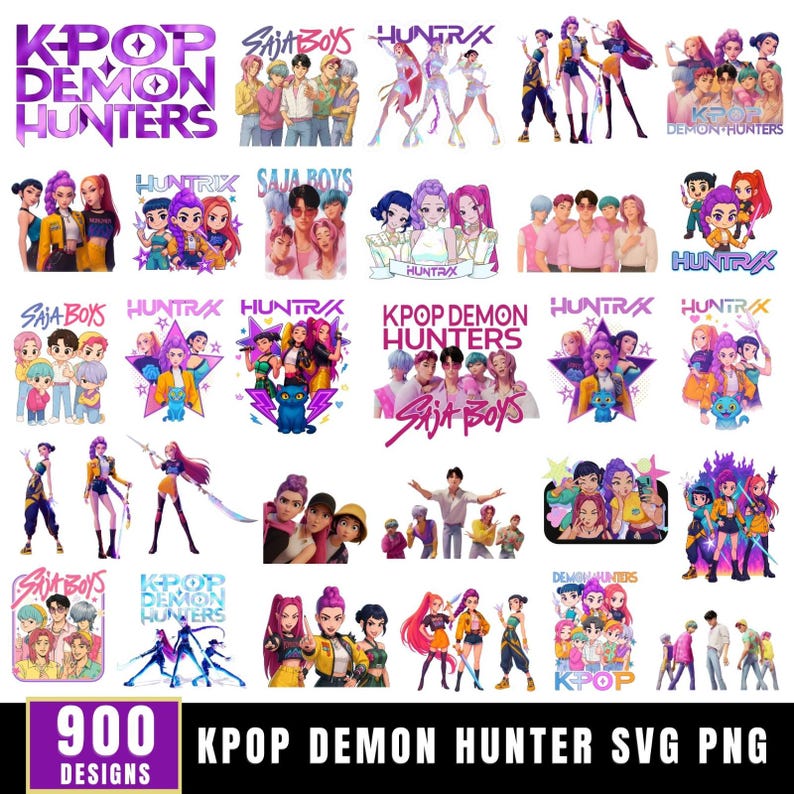 May include: A collection of digital designs featuring K-Pop-themed illustrations. The designs include various characters and the text "KPOP DEMON HUNTERS", "SAJA BOYS", and "HUNTRX". The image also includes the text "900 DESIGNS".